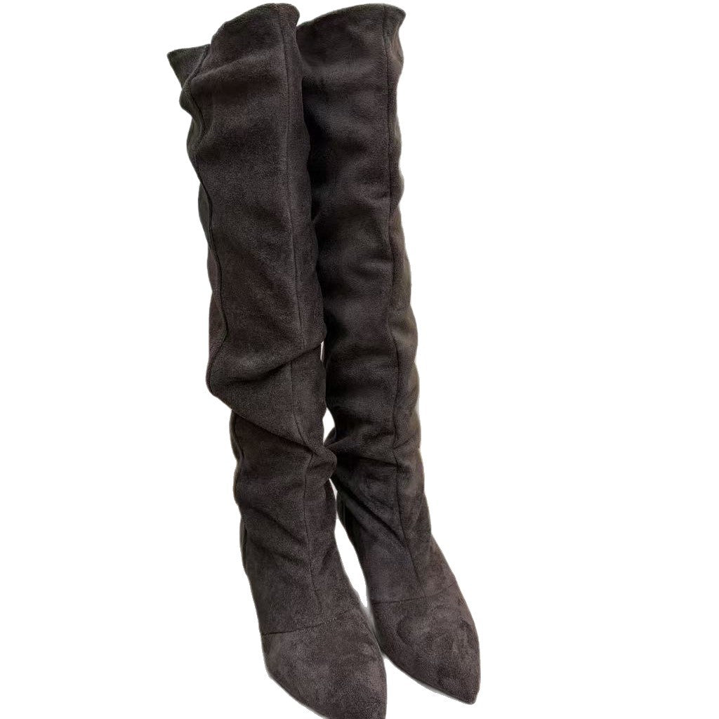 Women's Pointed Toe Pleated Cow Suede Pile Style High Cat Below Heels