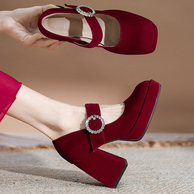 Women's Chunky Mary Jane Wedding Rhinestones Strap Women's Fashion Shoes