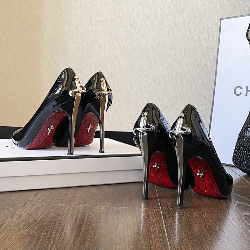 Gold Truncheon High Patent Stilettos Black Not Tired Footprints Heels