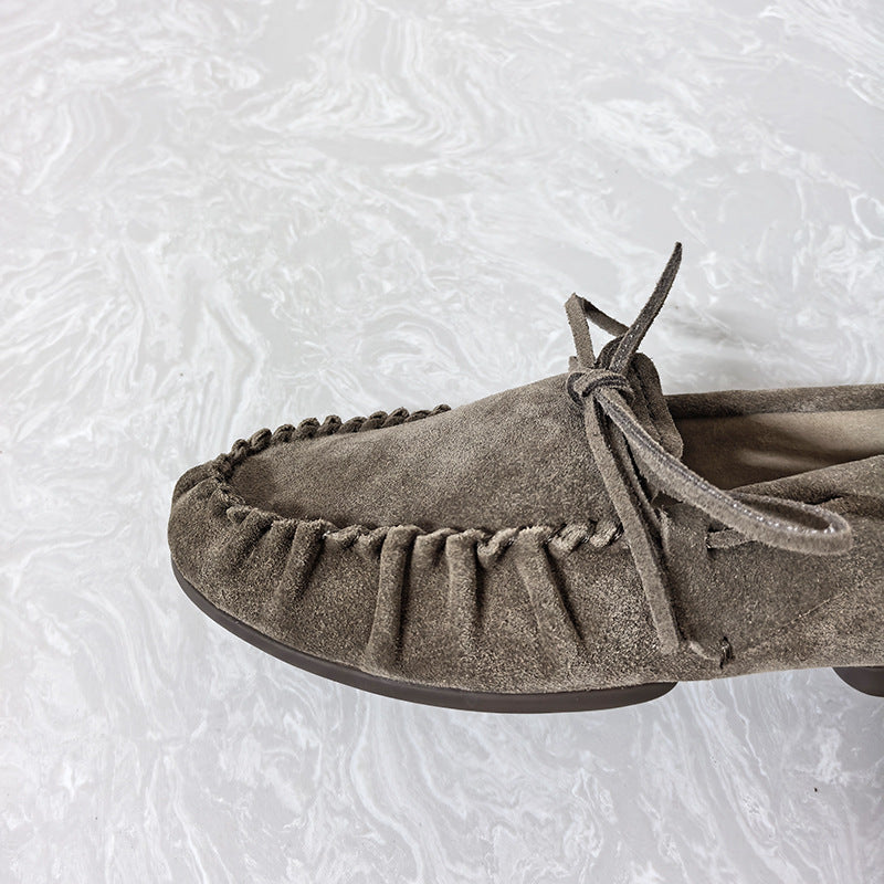 Women's Genuine Flat Bowknot Round Toe Pumps Vintage Crumpled Loafers