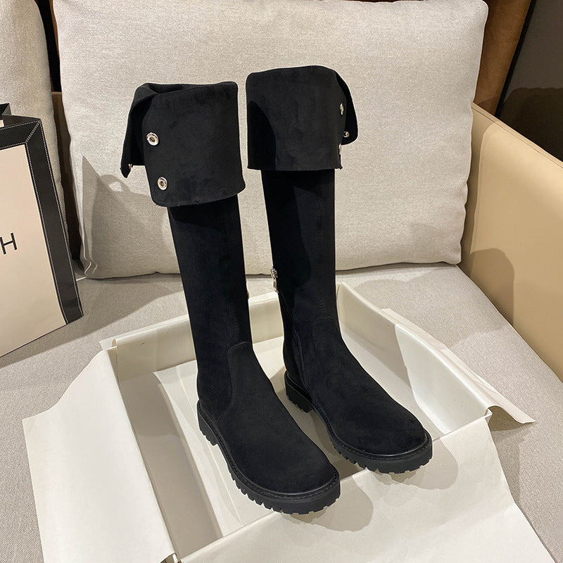 Women's Suede Thick-soled Stretch Widened Long Veet High Women's Leather Boots