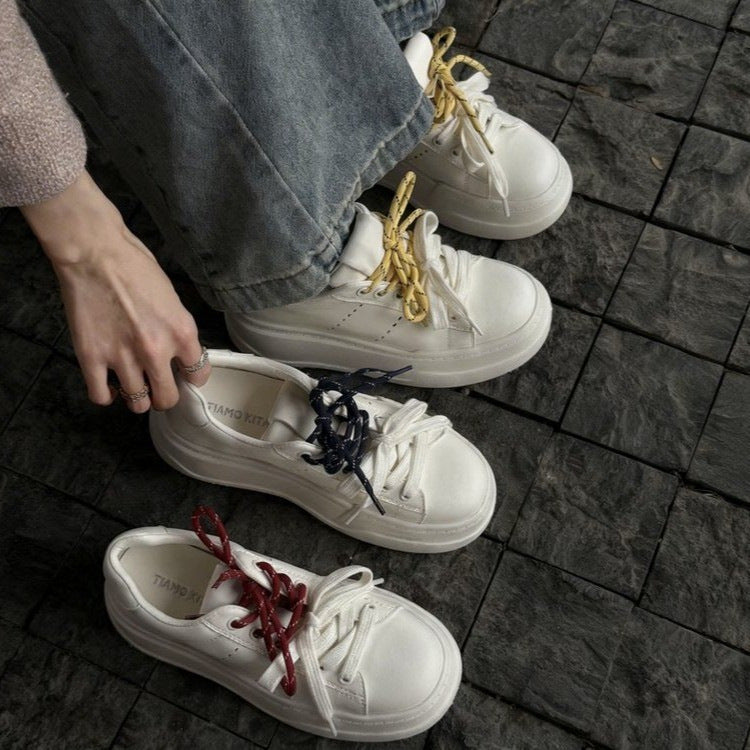Women's White Round Head Thick Bottom Height Increasing Retro Sneakers