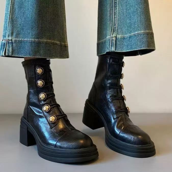 Golden Button Martin Female British Thick Skinny Women's Leather Boots