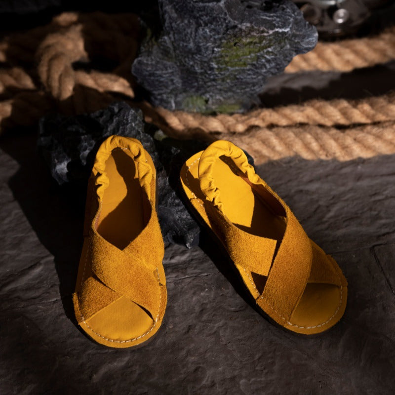 Women's Summer Retro Handmade Cross Strap Top Layer Cowhide Roman Sandals