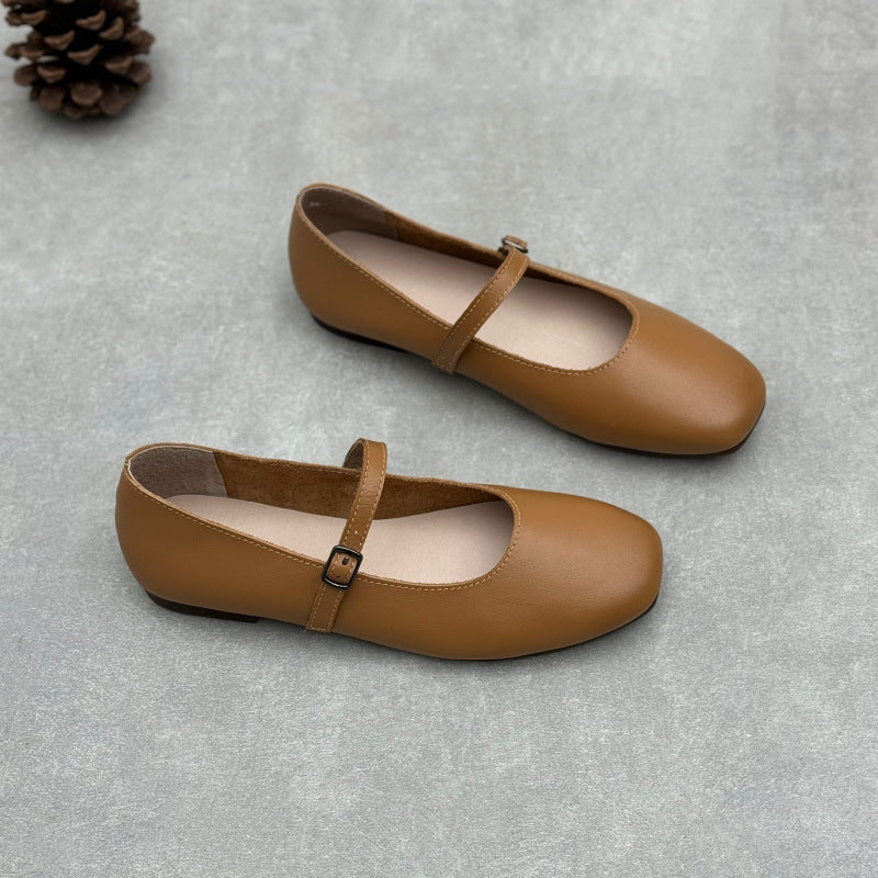 Women's Pumps Artistic Buckle Round Toe Flat Bottom Soft Cowhide Women's Casual Shoes