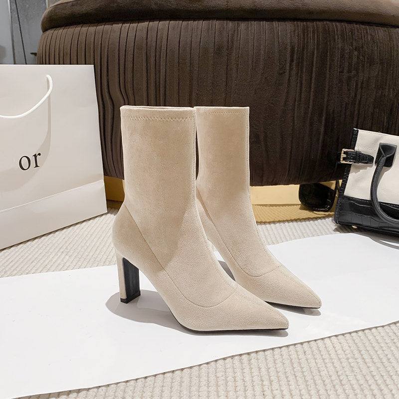 Women's Pointed Ankle Suede Chunky High Fashion Korean Women's Leather Boots