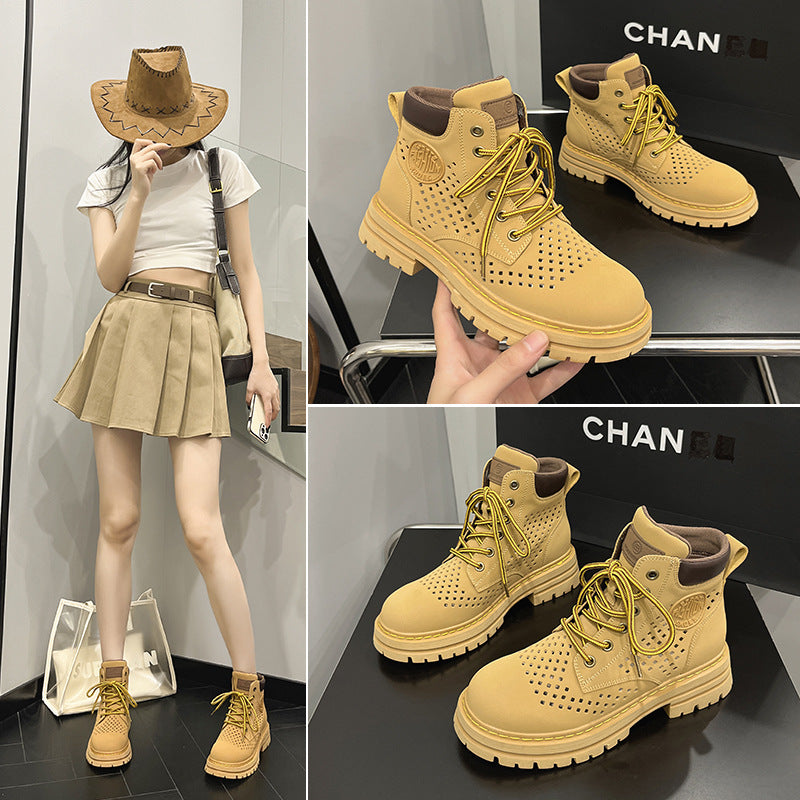Women's Worker Summer Genuine Breathable Ankle Outdoor Leisure Hight Increasing Women's Leather Boots