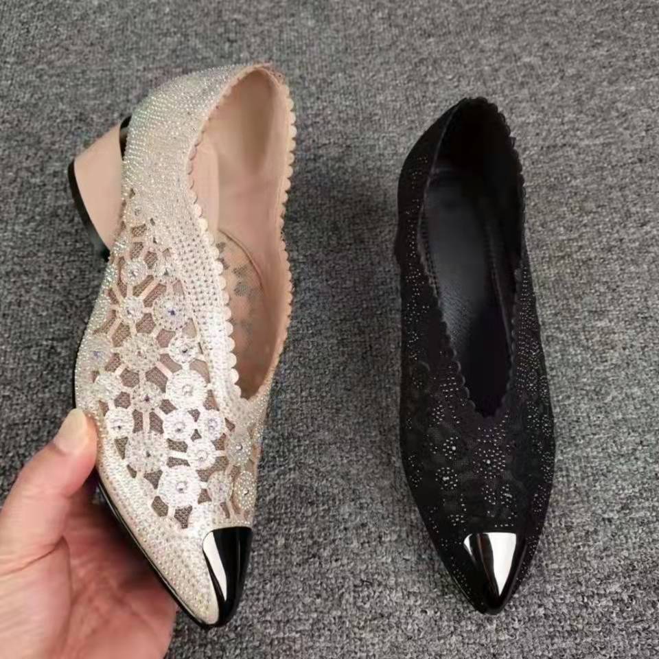 Women's Fashion Rhinestone Thick High Pointed Mesh Women's Shoes