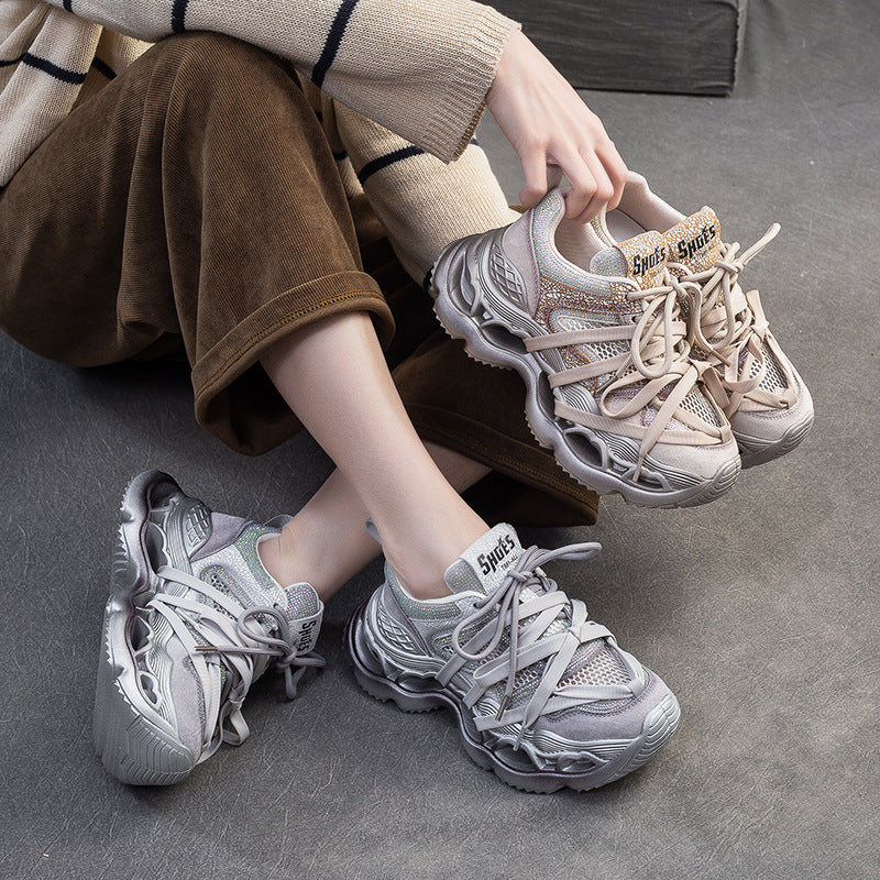 Women's Breathable Mesh Surface Crystals Fashion Fried Street Dad Platform Women's Casual Shoes