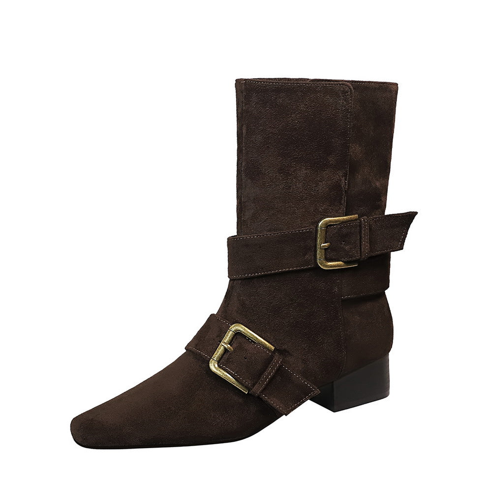Women's Toe Belt Buckle Mid Chunky Suede Single Women's Leather Boots