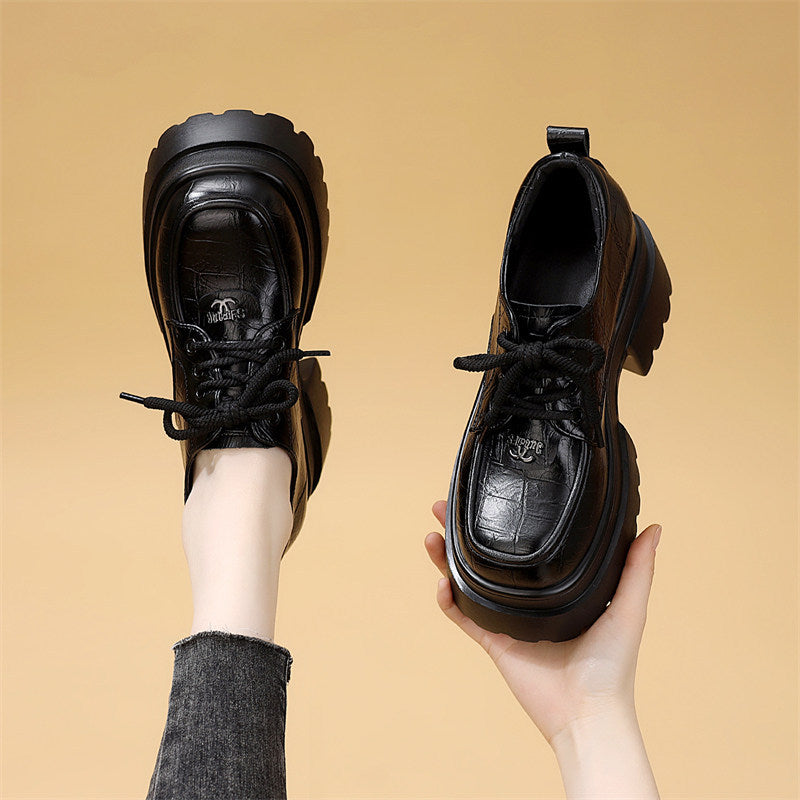 Women's Platform Black Tie Round Toe Mid Slimming Soft Bottom Women's Fashion Shoes