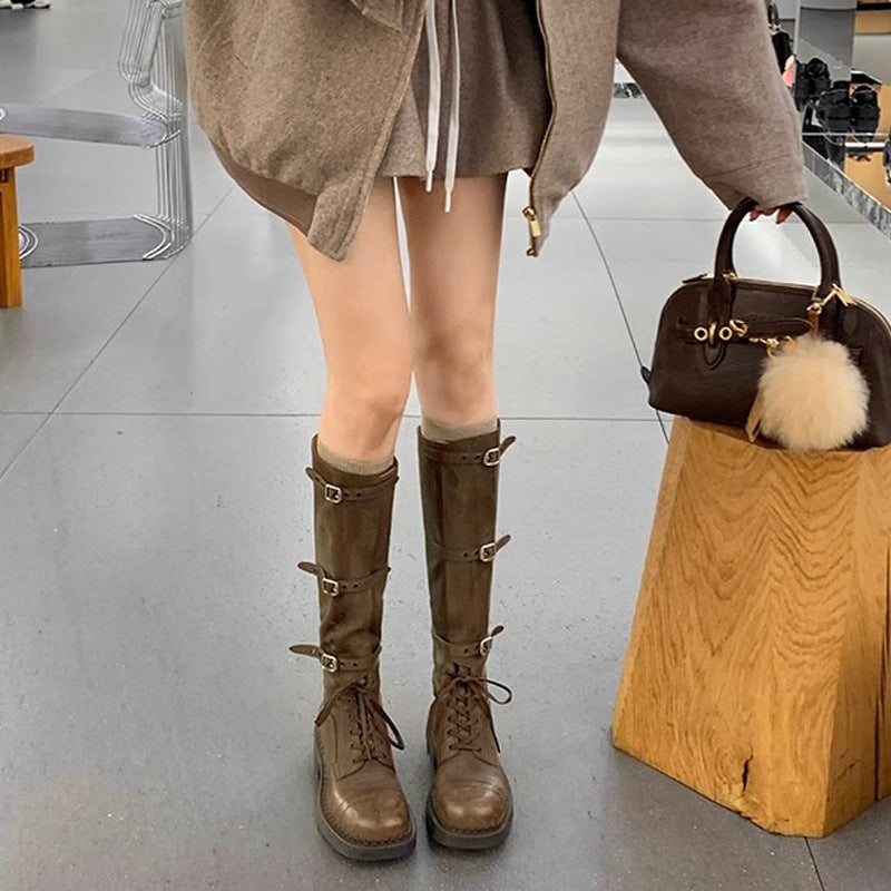 Belt Buckle Retro Chunky Tube Knight Boots