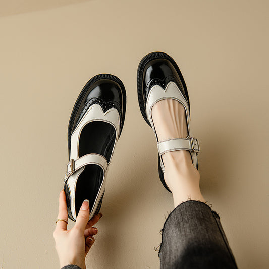 Women's Color Matching Low Cut Carved Mary Jane Small Women's Fashion Shoes