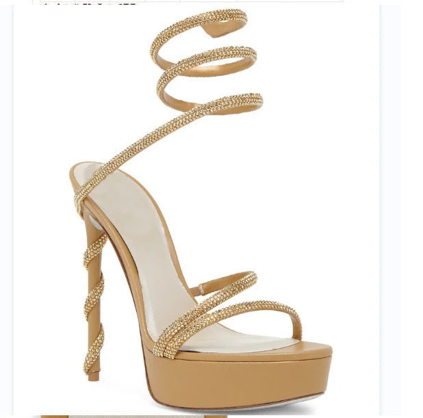 Women's Waterproof Platform Super Stiletto Snake-shaped Rao Strap Large Size For Heels