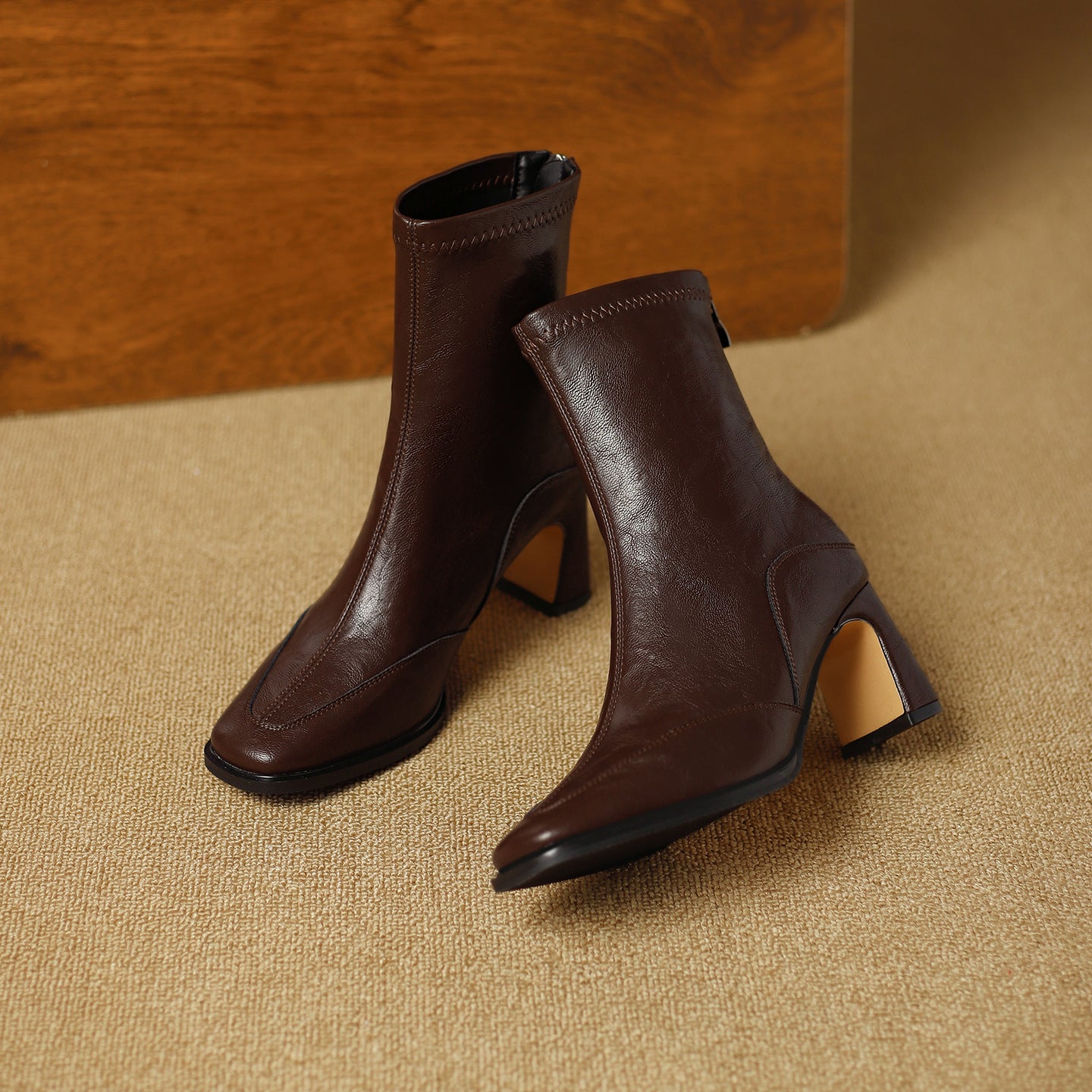 Women's Retro Square Toe High Short Autumn Zip Soft Fashionable Temperamental Women's Leather Boots