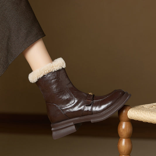 Women's Round Head Thick Bottom Veet Martin Cowhide Wool Platform Women's Leather Boots