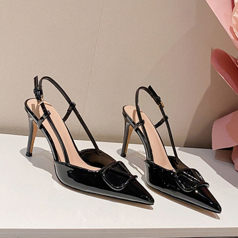 Women's Style One-word Beautiful V Buckle Classy Stiletto Pointed Toe Closed High Heeled Sandals