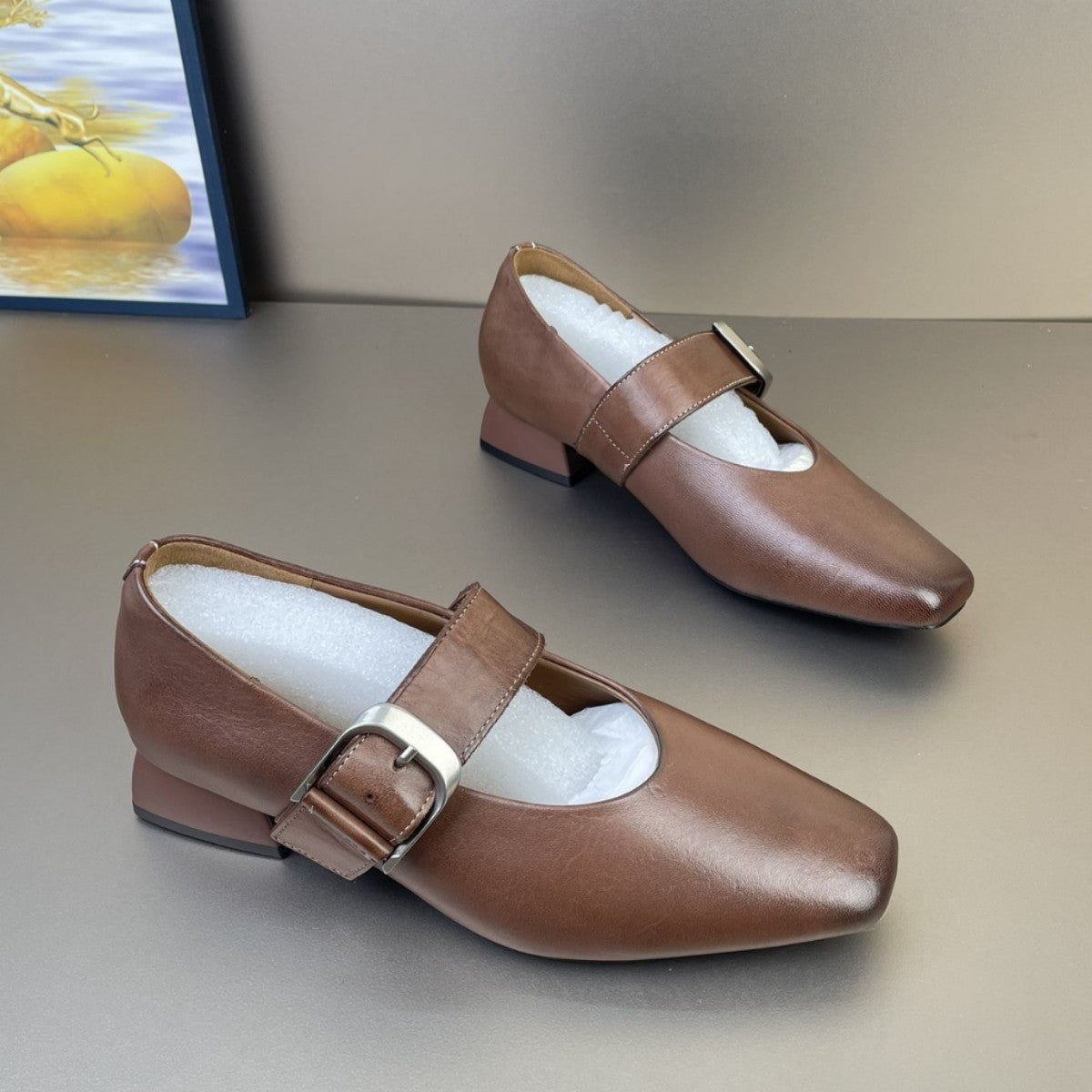 Women's Fashionable Round Head Chunky Low Mary Jane Western Style Shallow Heels