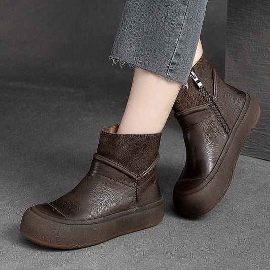 Women's Side Zipper Retro First Layer Cowhide Boots