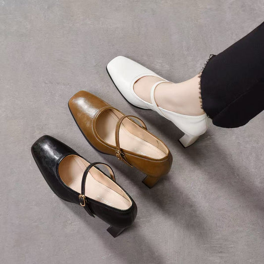 Women's Square Toe Mary Jane Buckle Shallow Mouth Chunky Women's Fashion Shoes