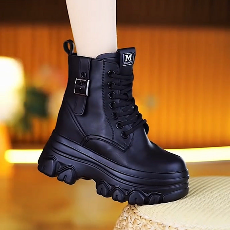 Women's Genuine Short Thick Bottom Fleece-lined British Women's Leather Boots