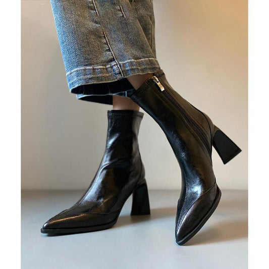 Women's Toe Soft Skinny High Short Side Zipper Elegant Women's Leather Boots