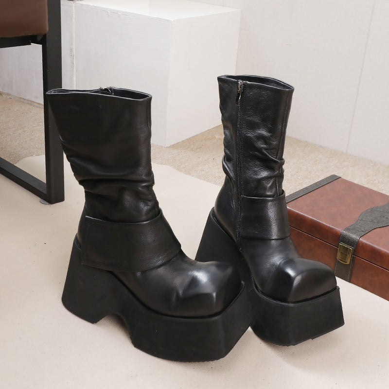Women's Genuine Retro Handmade Small Pleated Full Light Boots