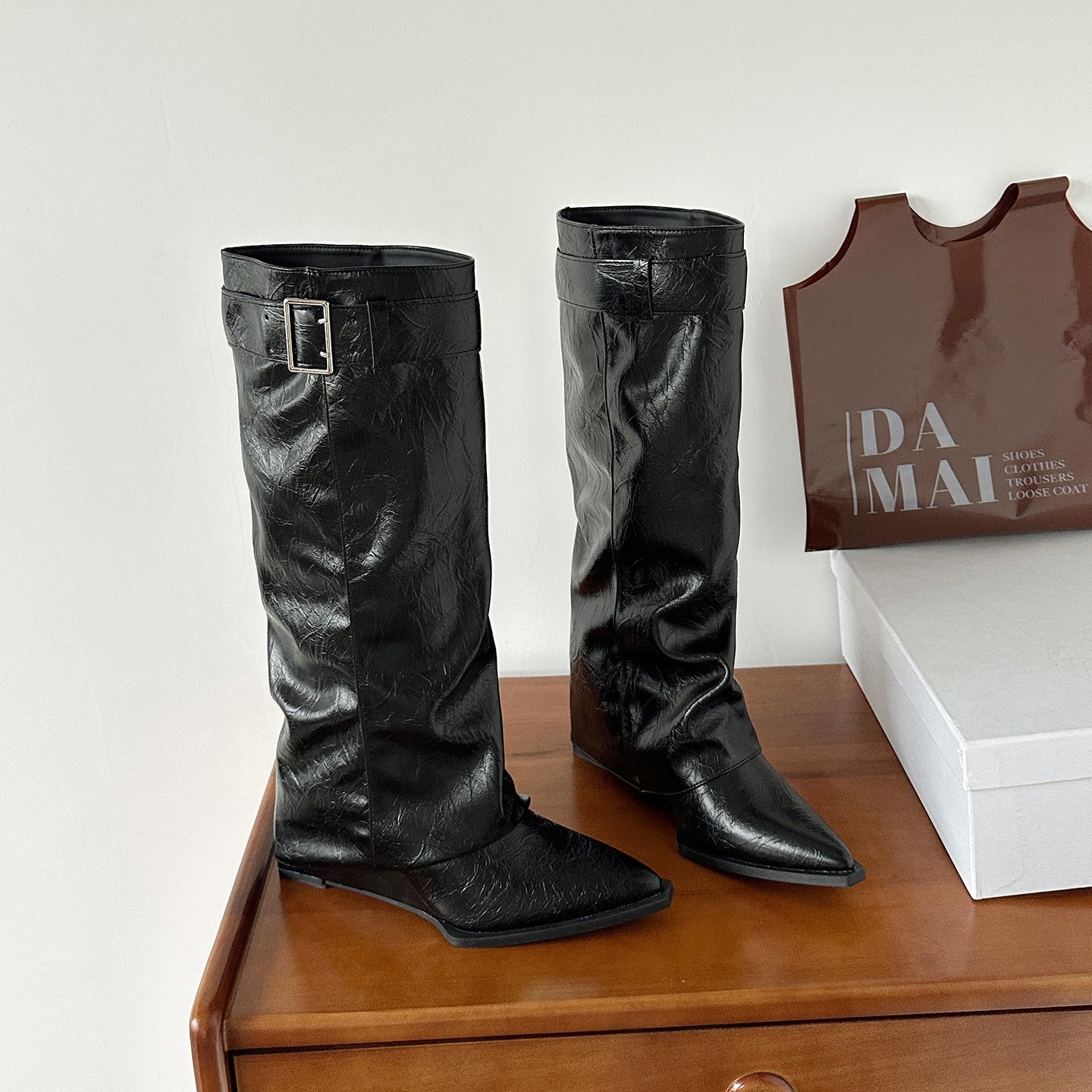 Women's Wedge High Pointed Toe Suede Pile Style Boots