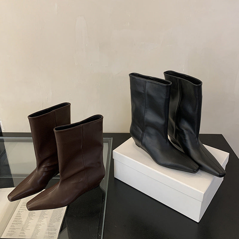 Square Toe Booties French Style Temperament Wedge Bootie Solid Color Boots