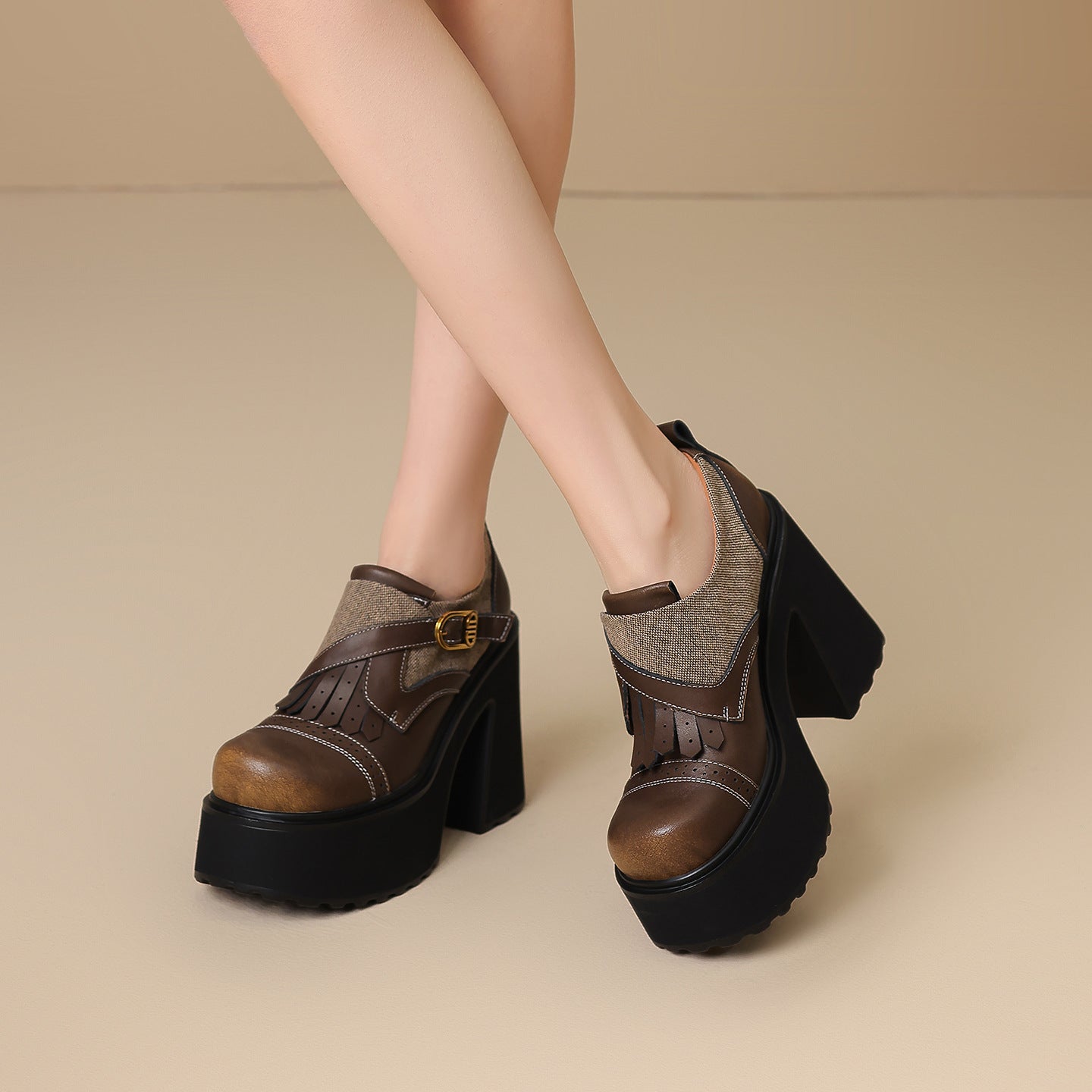 Women's Style Retro Chunky Super High Cowhide Stitching Small Heels