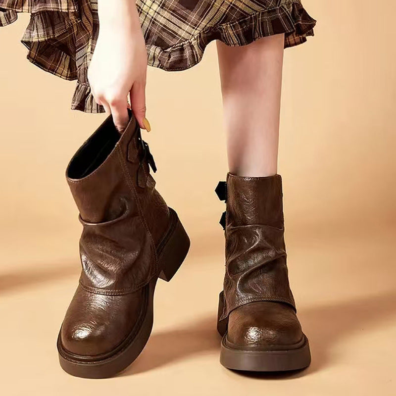Women's British Style Short Pleated Knight Platform Pantyhose Pile Women's Casual Shoes
