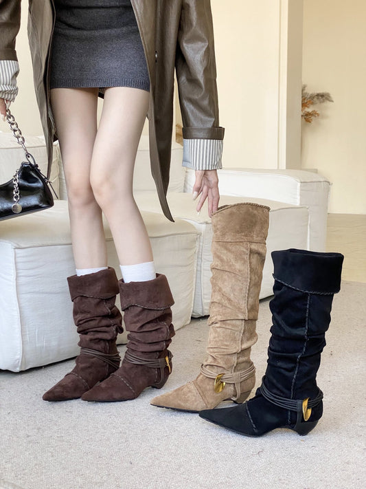 Handmade Binding Cable Pointed Wood Grain Women's Leather Boots