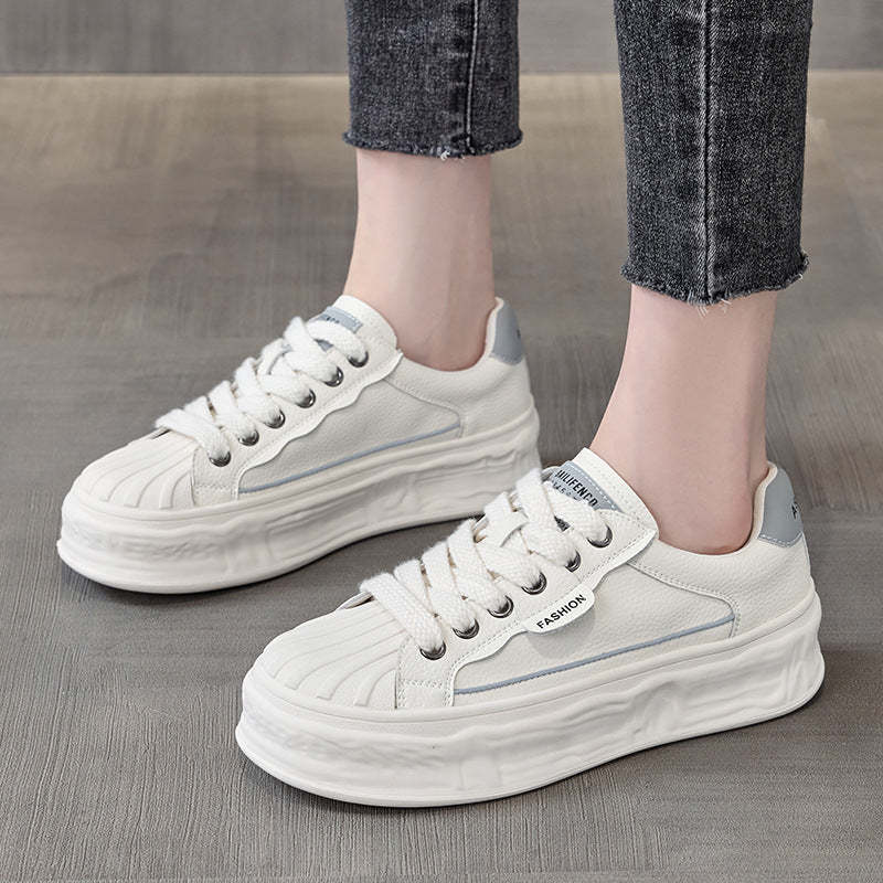 Women's White Autumn Versatile Breathable Biscuit Shape Genuine Platform Casual Shoes