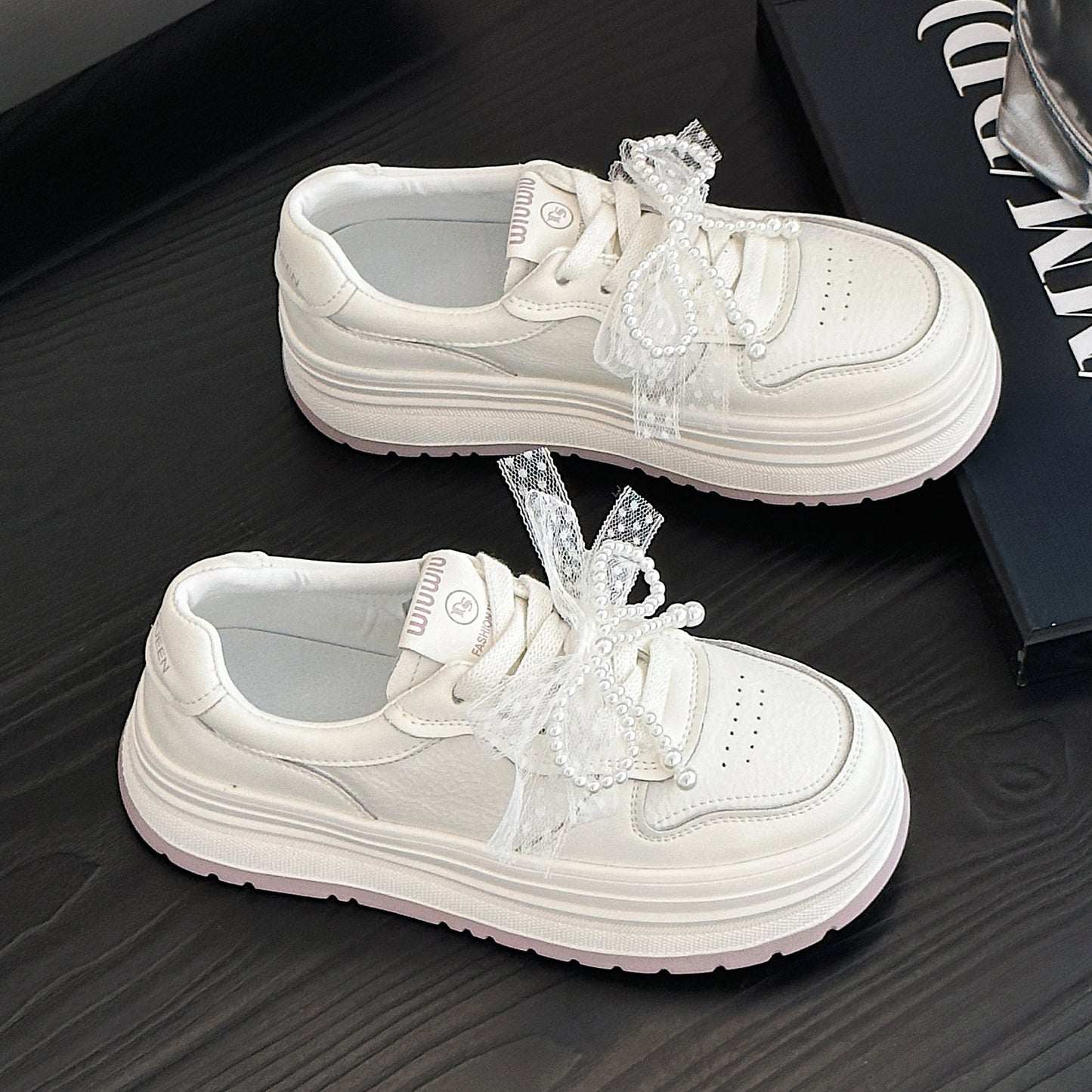 Women's Spring White Korean Versatile Cowhide Muffin Pearl Bow Women's Casual Shoes