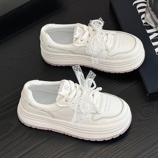 Women's Spring White Korean Versatile Cowhide Muffin Pearl Bow Women's Casual Shoes