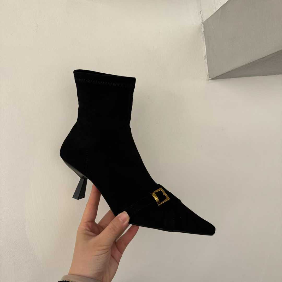 Style Vintage Suede High Female Temperament Pointed Stiletto Metal Buckle Women's Leather Boots