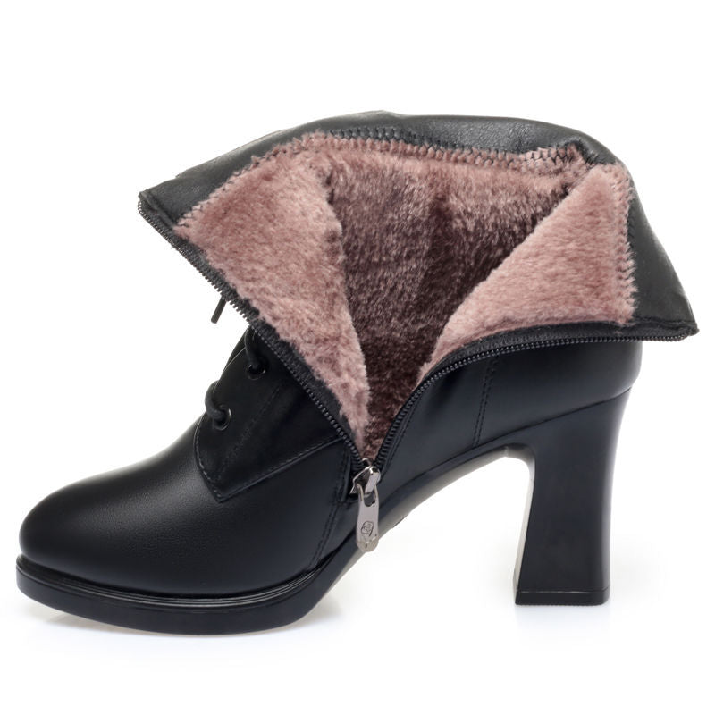 Women's & Men's High Short Fleece Thick Side Zipper Women's Leather Boots