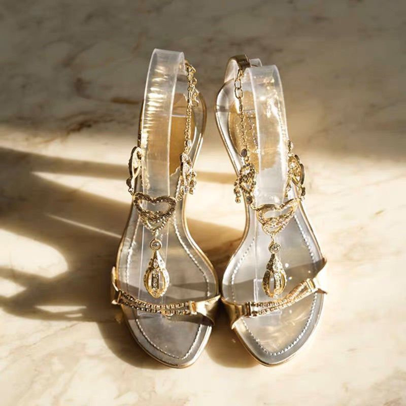 Women's Summer Dignified Rhinestone Chain Strap Slimming Stiletto High Heeled Sandals