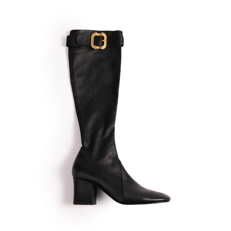 Grape Mom Chunky Zhang Gold Buckle Half Zipper Heels