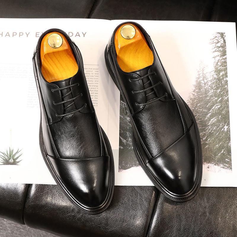 Men's Genuine Brown Lace Thick Bottom Pointed Toe Green Korean Leather Shoes