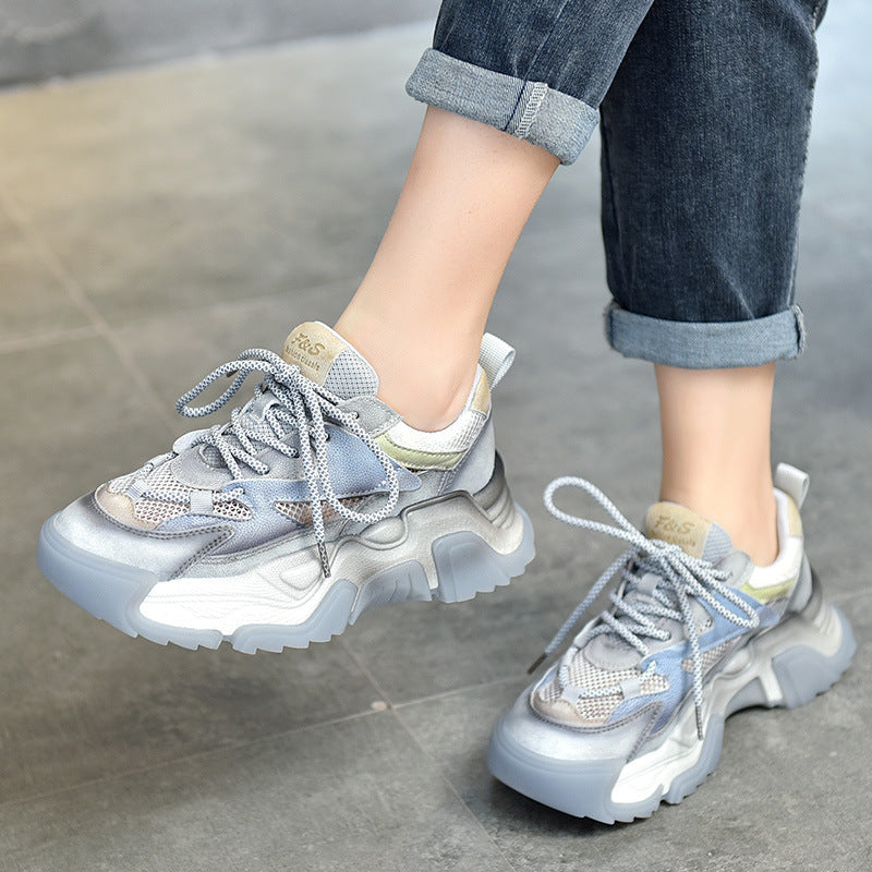 Women's Trendy Retro Platform Color Matching Mesh Round Casual Shoes