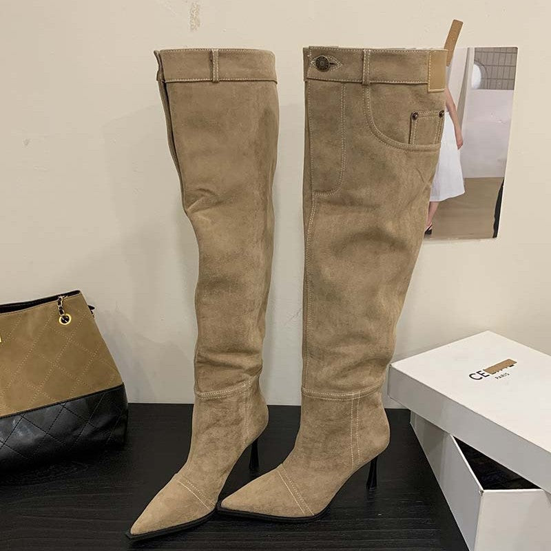 Denim Pile Style Stiletto Button Sleeve Women's Leather Boots
