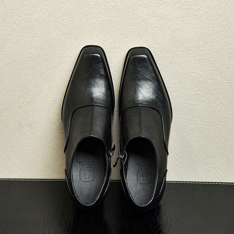 Men's High Square Toe First Layer Cowhide Leather Shoes