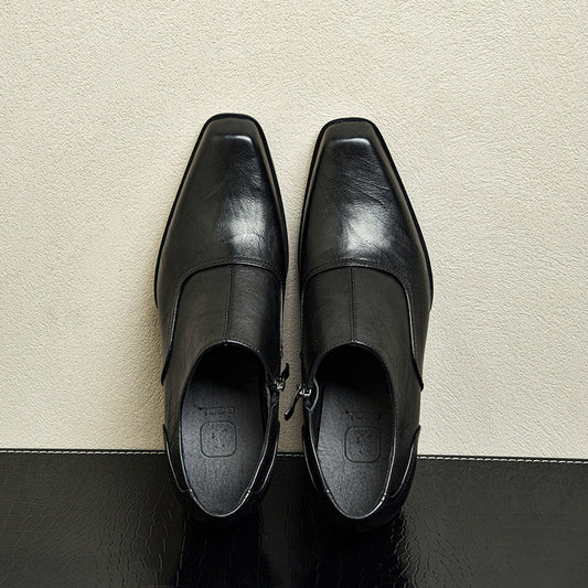Men's High Square Toe First Layer Cowhide Leather Shoes