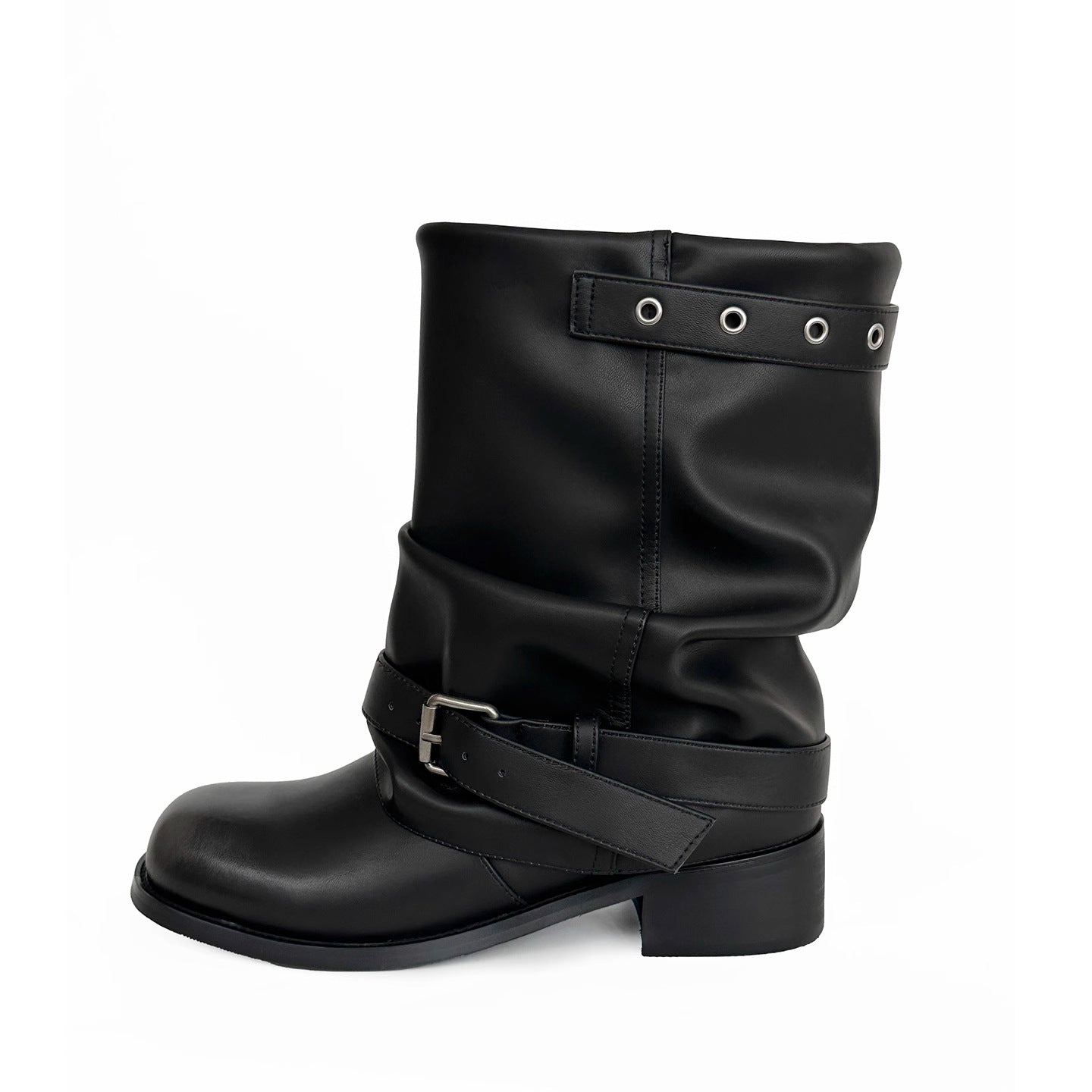 Women's Black For Knee-high Motorcycle Pleated Pile Women's Leather Boots