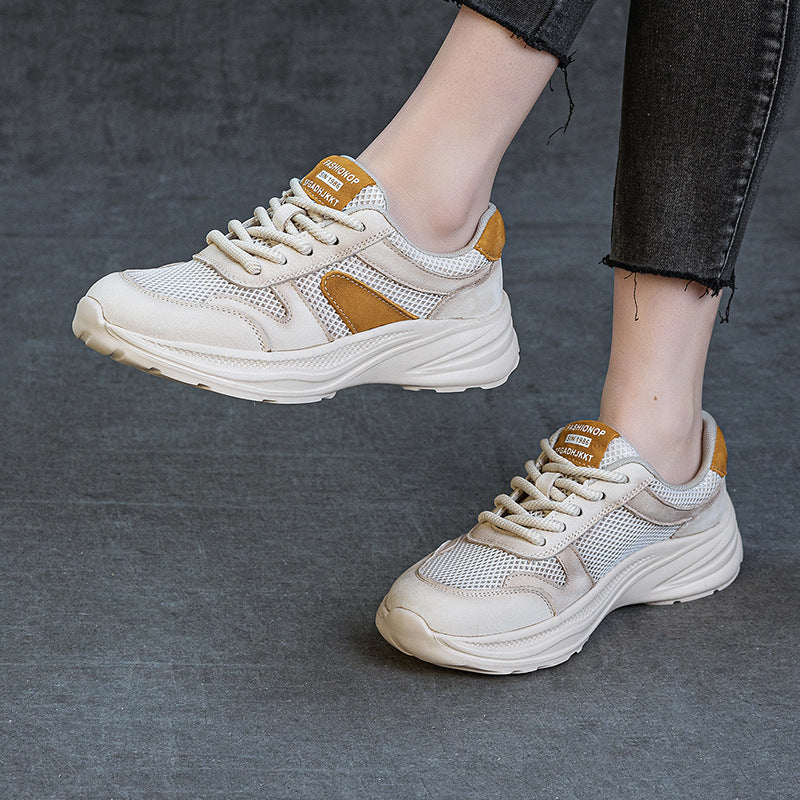 Women's Cowhide Dad Thick Bottom Breathable Mesh Color Casual Shoes