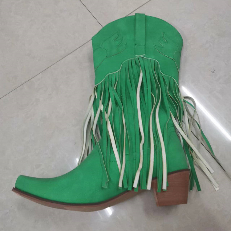 Women's Handmade Thick High Mid Pointed Toe Boots
