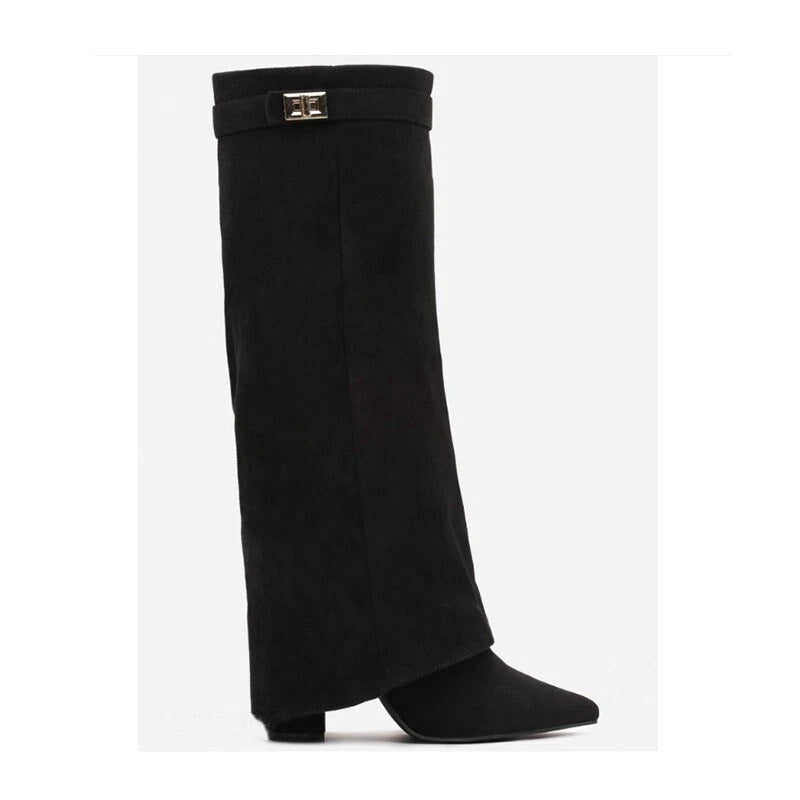 Women's Pointed Toe Large Tube Circumference Straight Metal Buckle Long Size Boots