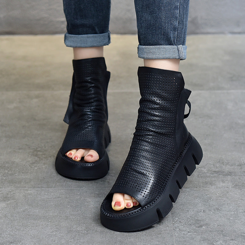 Women's Fashion Platform Cowhide Genuine Hole Peep Flat Sandals