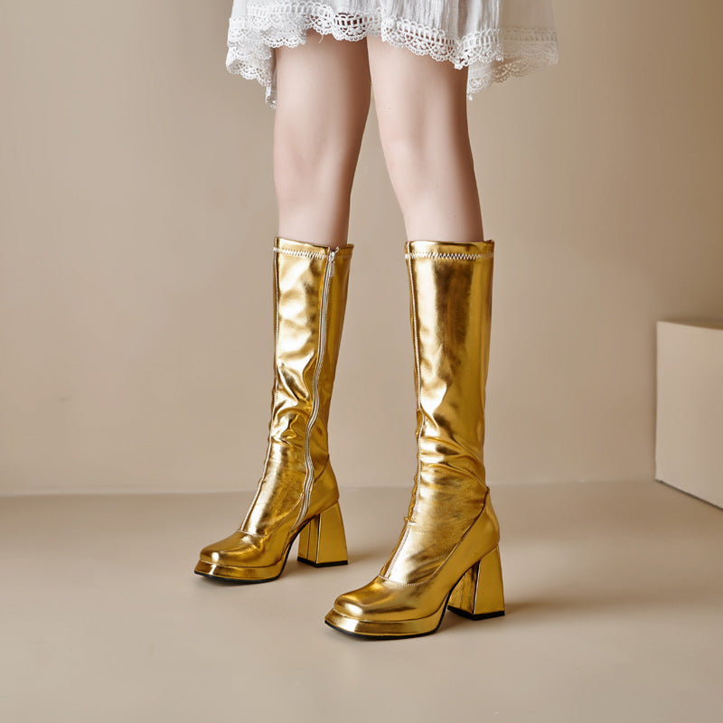 Women's Thick Bottom Chunky Side Zipper Gold Women's Leather Boots